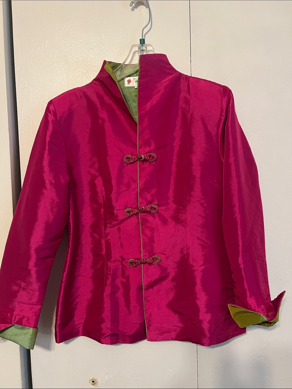Fuchsia Silk Mandarin Collar Jacket with Olive Lining